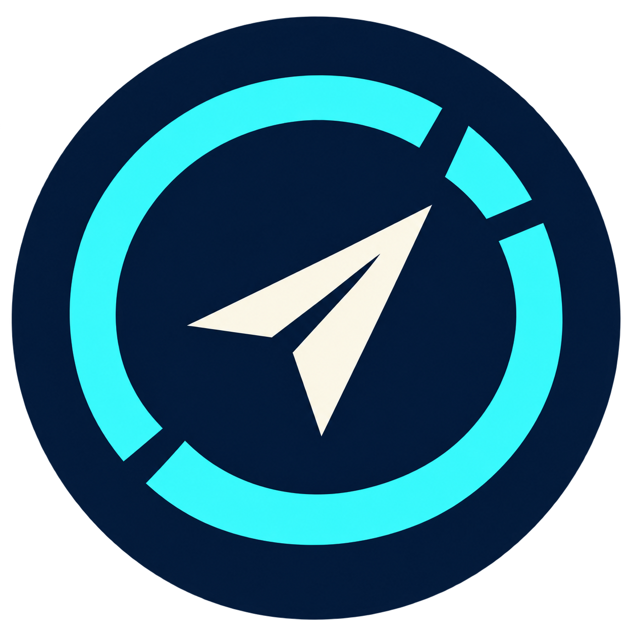 Farbound’s cream paper plane inside a cyan ring on a dark blue background
